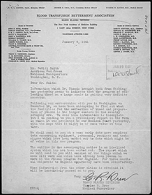 Letter from Charles R. Drew to the American Red Cross Reporting on Facilities for Collecting Blood in American Cities