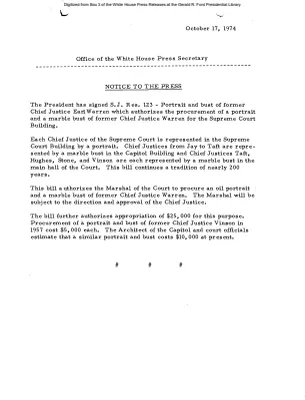 President Signs S.J. Res. 123, Portrait and bust of former Chief Justice Earl Warren [Signing Statements and Announcements]