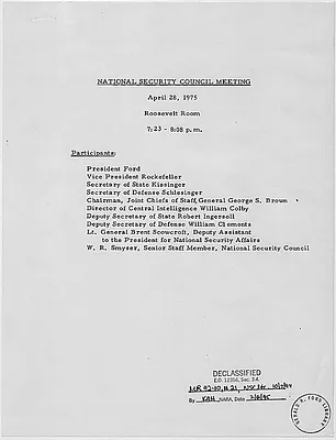Minutes of a National Security Council Meeting Concerning the Evacuation of Saigon Attended by President Gerald R. Ford, Vice President Nelson A. Rockefeller, and Secretary of State Kissinger, among Others