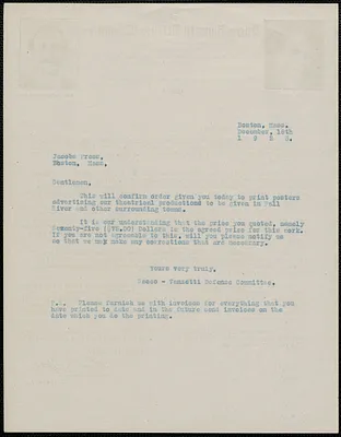 Sacco-Vanzetti Defense Committee typed letter to Jacobs Press, Inc., Boston, Mass., December 18, 1923