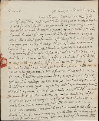 Letter from Abigail Adams, Philadelphia, to Cotton Tufts about the addition of a dairy room, 1797 December 6