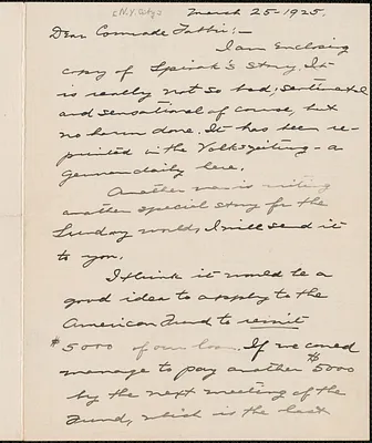 Elizabeth Gurley Flynn autograph letter signed to Amleto Fabbri, New York, N.Y., March 25, 1925