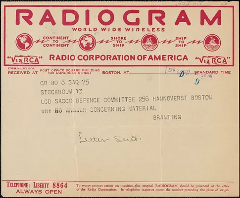 Georg Branting telegram to Sacco-Vanzetti Defense Committee, Stockholm, Sweden, September 27, 1927