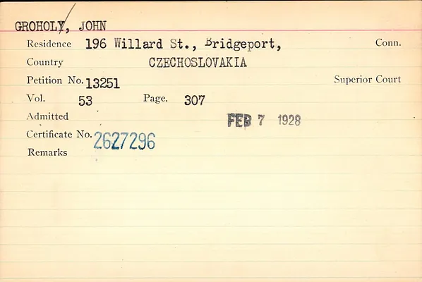 Fairfield County Superior Court and Fairfield County Court of Common Pleas, Index to Records of Naturalization, 1839-1955, Groholy-Hagamann