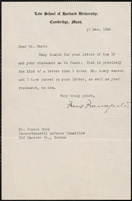 Felix Frankfurter typed note signed to Joseph Moro, Cambridge, Mass., December 17, 1926