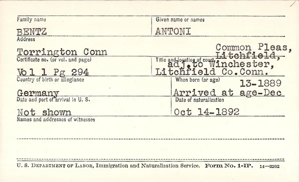 Naturalization Index, Litchfield Court of Common Pleas and Litchfield County Court, 1803-1906, Bentz-Day