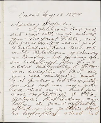 Franklin Benjamin Sanborn autograph note signed to Thomas Wentworth Higginson, Concord, Mass., 13 May 1884