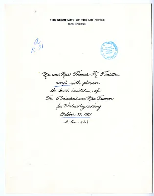 Invitation Reply from Secretary of the Air Force and Mrs. Thomas K. Finletter to the White House Social Office