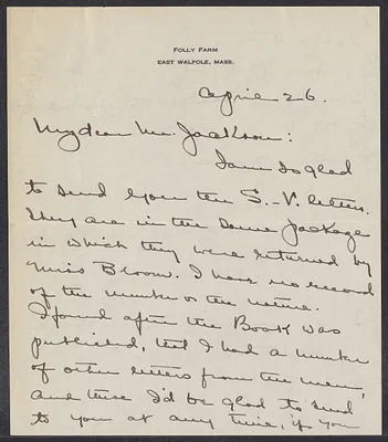 Sacco-Vanzetti Case Records, 1920-1928. Correspondence. Gardner Jackson to Cerise Jack, April 1929. Box 41, Folder 54, Harvard Law School Library, Historical & Special Collections