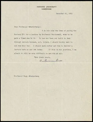 Lowell, A. Lawrence (Abbott Lawrence), 1856-1943 typed note signed to Hugo Münsterberg, Cambridge, Mass., 21 December 1911