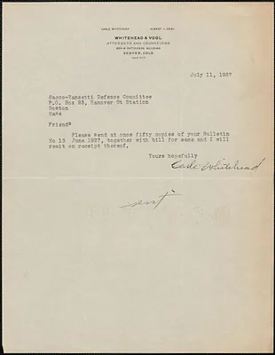 Carl Whitehead typed letter signed to Sacco-Vanzetti Defense Committee, Denver, Colo., July 11, 1927
