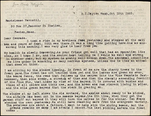 Maude Pettyjohn typed letter signed to Bartolomeo Vanzetti, Dayton, Wash., 12 October 1923