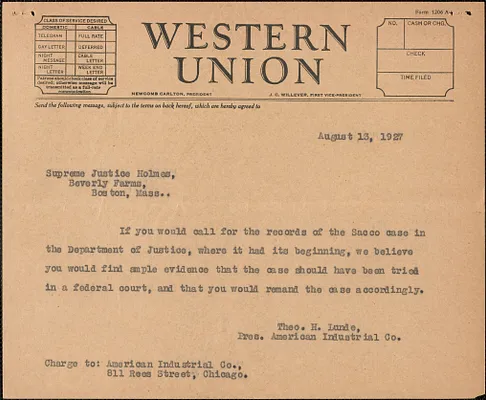 Theo. H. Lunde (American Industrial Company) telegram (copy) to [Oliver Wendell] Holmes, Chicago, Ill., August 13, 1927