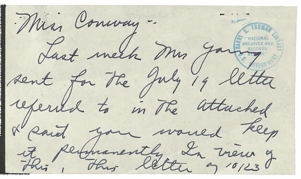 Letter from Walter Bedell Smith to President Harry S. Truman with Attached Note from Elizabeth Bonsteel to Rose Conway