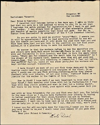 Kate M. Dial typed letter signed to Bartolomeo Vanzetti. Kingston, Wash., 11 November 1923