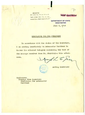 Memorandum from Acting Secretary of State Joseph Grew to President Harry S. Truman with Attachment