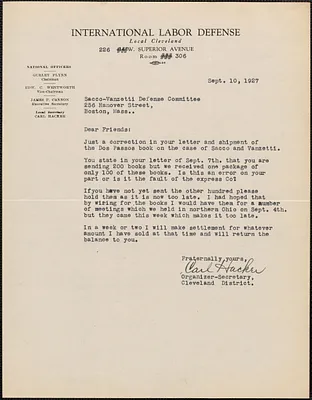 Carl Hacker (International Labor Defense) typed letter signed to Sacco-Vanzetti Defense Committee, Cleveland, Ohio, September 10, 1927