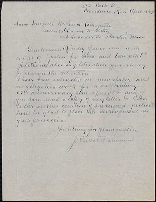 J. Ernest Hammond autograph letter signed to Sacco-Vanzetti Defense Committee, Providence, R.L., April 16, 1927