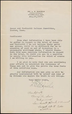 L. E. Daniels typed letter signed to Sacco-Vanzetti Defense Committee, Columbia Falls, Mont., August 25, 1927