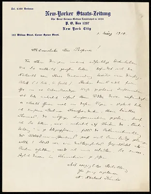 Kantor, N. Norbert, fl.1910 autograph letter signed to Hugo Münsterberg, New York, 1 March 1910