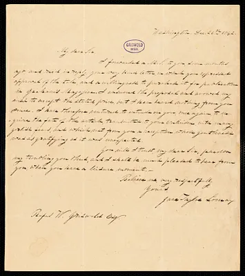 Jane Tayloe (Lomax) Worthington, Washington, DC., autograph letter signed to R. W. Griswold, 26 December 1842