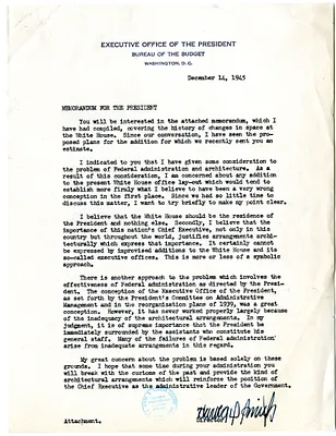 Memorandum from Harold D. Smith to President Harry S. Truman, with Attachment