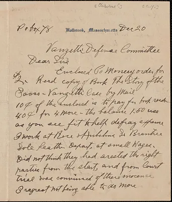 Wilmot V. Osborne autograph letter signed to [Sacco-] Vanzetti Defense Committee, Holbrook, Mass., December 20, [1920-1927]