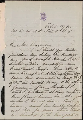 Rose Hawthorne Lathrop autograph letter signed to Thomas Wentworth Higginson, New York, 1 February 1872