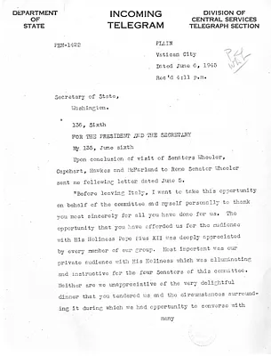 Telegram from Myron C. Taylor to Secrertary of State Edward Stettinius