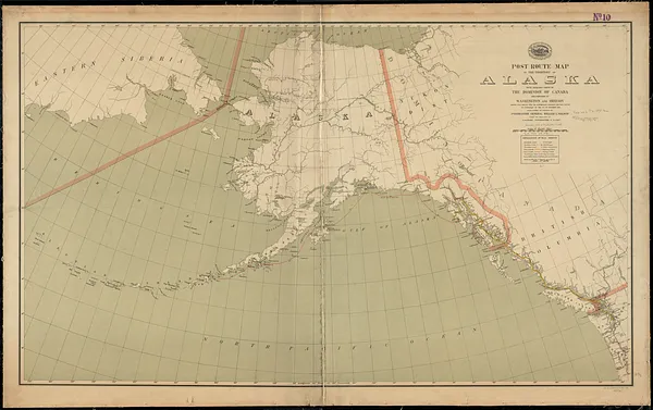 Post route map of the territory of Alaska with adjacent parts of the Dominion of Canada and portions of Washington and Oregon showing post offices with the intermediate distances and mail routes in operation on the 1st of December 1895