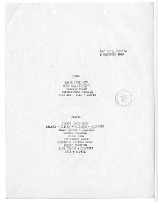Menu for President Harry S. Truman's  Visit to Key West, Florida