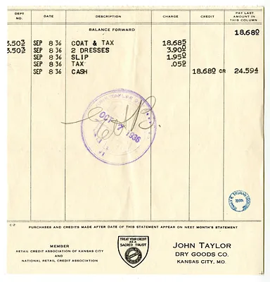 Bill from John Taylor Dry Goods Company