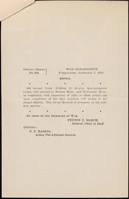 Special orders from War Department for William Richardson Dewey, Jr., 1918-09-07