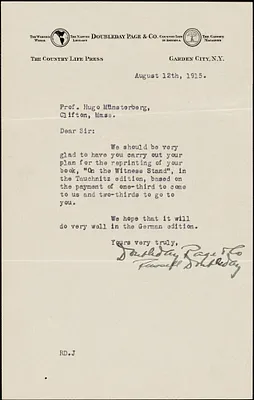 Doubleday, Russell, 1872-1949 typed letter signed to Hugo Münsterberg, Garden City, N.Y., 12 August 1915