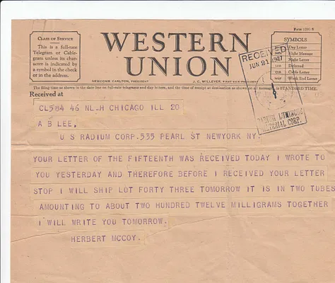 Telegram to A.B. Lee [C.B. Lee], June , 1927