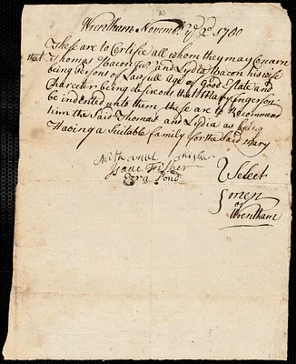 Mary Engerson indentured to apprentice with Thomas Bacon of Wrentham, 31 December 1750
