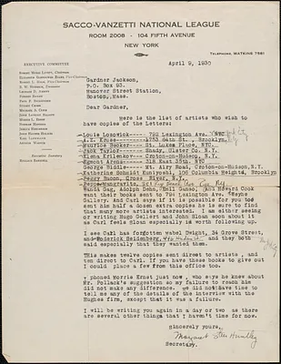 Margaret S. Huntley (Sacco-Vanzetti National League) typed letter signed to Gardner (Jackson), New York, N. Y., April 9, 1930