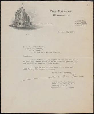 Mrs. Joseph Kerr typed letter signed to Sacco-Vanzetti Defense Committee, Washington, D. C., November 16, 1927