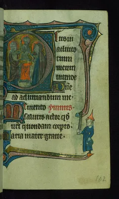 Leaf from Book of Hours: None, Initial ""D"" with Presentation in the Temple and Marginal Drollery of a Jew Holding a Basket and Stick