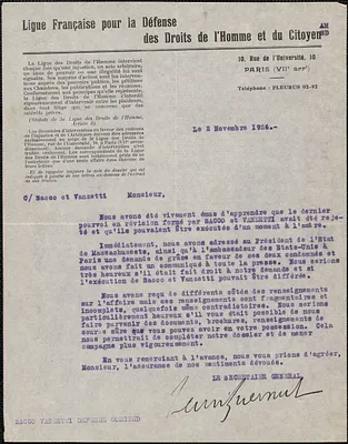 Henri Guernut (Ligue Française pour la Défense des Droits de l'Homme et du Citoyen) typed letter signed, in French, to Sacco-Vanzetti Defense Committee, Paris, France, November 2, 1926