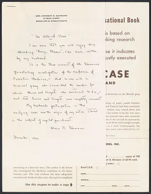 Herbert Brutus Ehrmann Papers, 1906-1970. Sacco-Vanzetti. Notices sent about publication of 1960 edition. Box 4, Folder 1, Harvard Law School Library, Historical & Special Collections