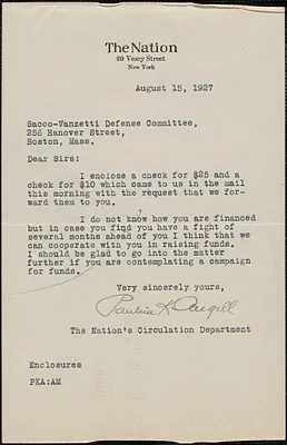 Pauline K. Angell (The Nation) typed note signed to Sacco-Vanzetti Defense Committee, New York, N.Y., August 15, 1927