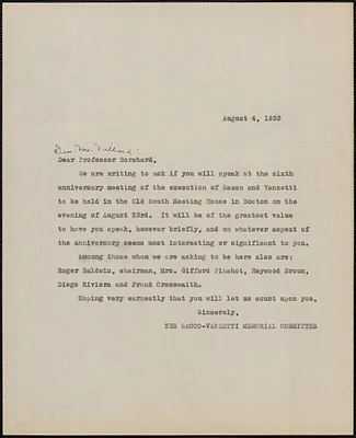 Sacco-Vanzetti Memorial Committee typed letter (copy) to [Edwin M.] Borchard, [Boston, Mass.], August 4, 1933