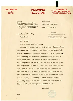 Telegram from Herschel V. Johnson II to Secrertary of State Edward Stettinius
