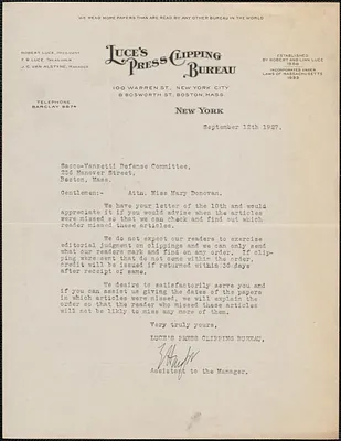 Luce's Press Clipping Bureau typed letter signed to Sacco-Vanzetti Defense Committee, September 12, 1927