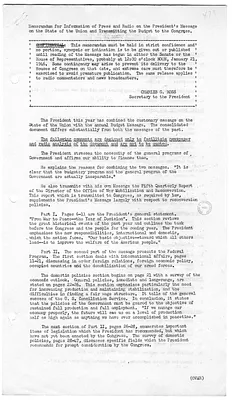 Memorandum for Information of Press and Radio on the President's Message on the State of the Union and Transmitting the Budget to the Congress