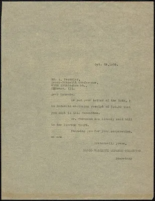 Sacco-Vanzetti Defense Committee typed note (copy) to Albert Welchsler (Sacco-Vanzetti Conference of Chicago), Boston, Mass., October 29, 1926