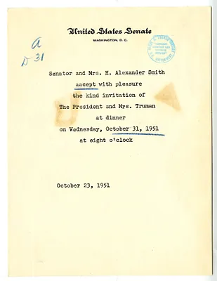 Invitation Reply, Senator and Mrs. H. Alexander Smith to the White House Social Office
