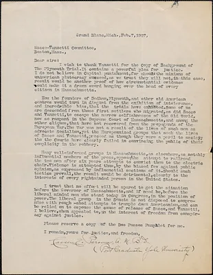 Cassen Eugene Parsons typed letter signed to Sacco-Vanzetti Defense Committee, Grand Blanc, Mich., February 7, 1927