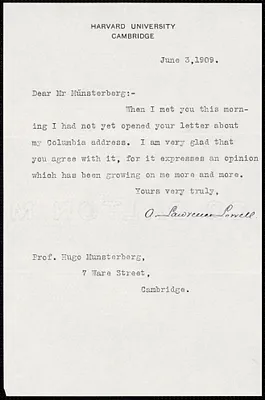 Lowell, A. Lawrence (Abbott Lawrence), 1856-1943 typed letter signed to Hugo Münsterberg, Cambridge, Mass., 3 June 1909